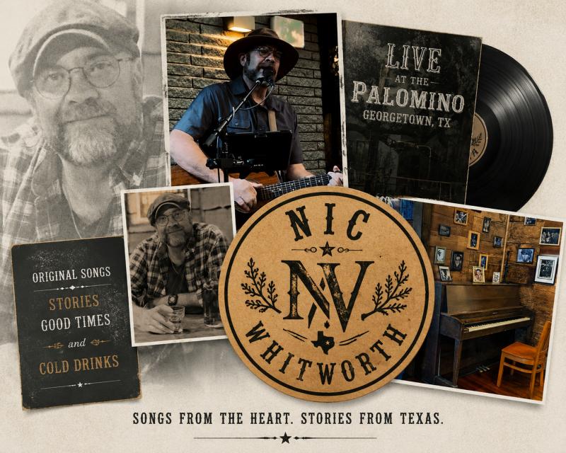 Collage of Nic Whitworth performing, with his NW badge and the line: Songs from the heart, stories from Texas